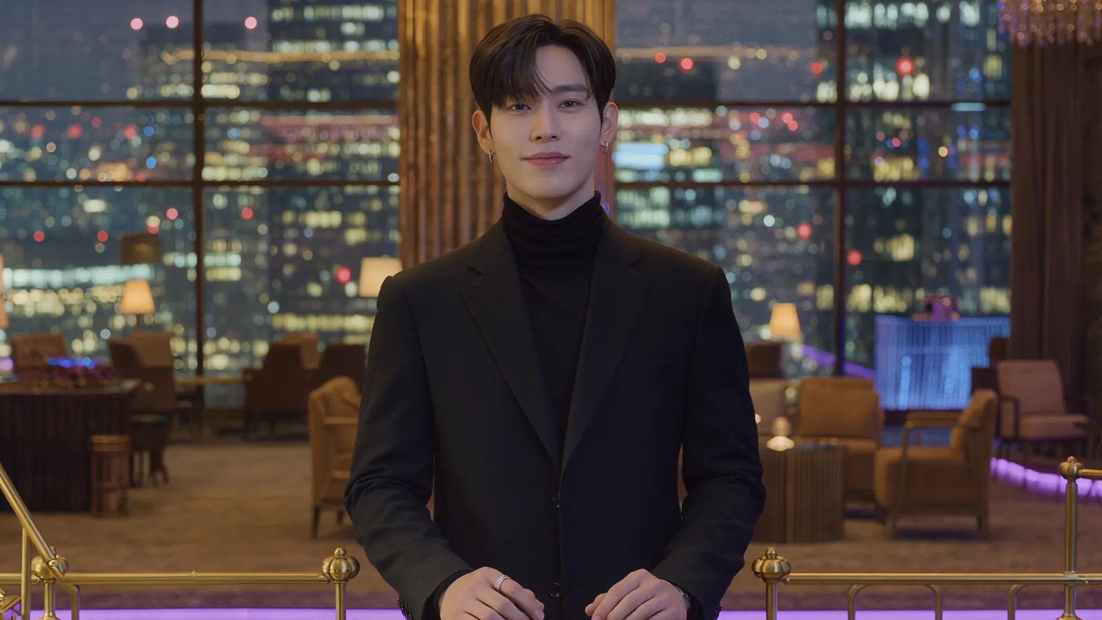 야경을 배경으로 선 정장 차림의 남성