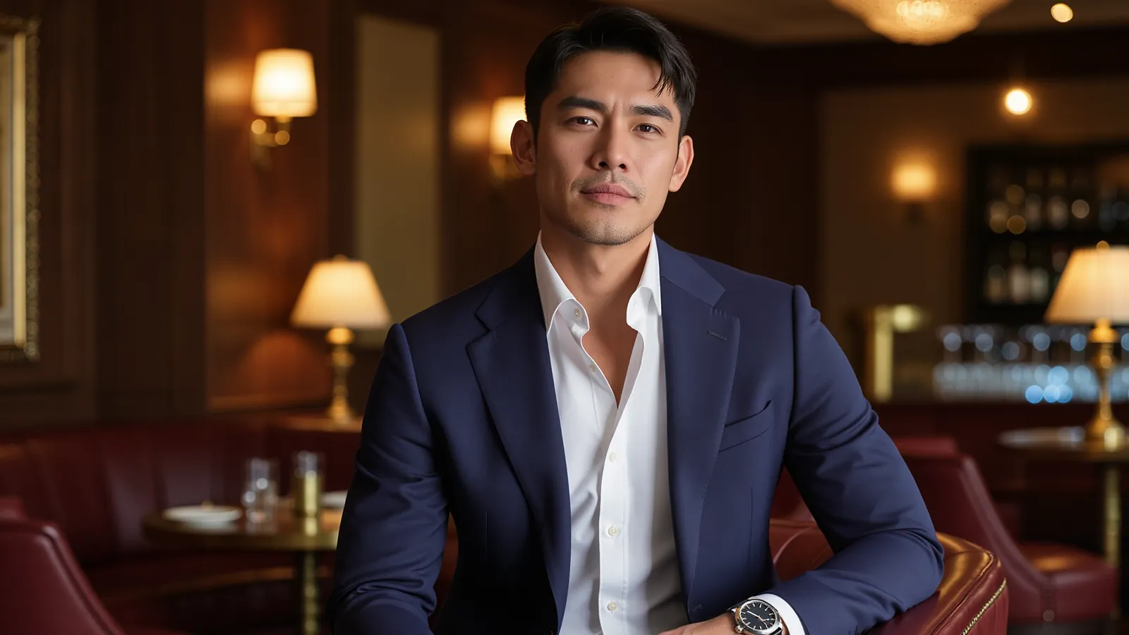 차분한 조명의 라운지에 선 남성
